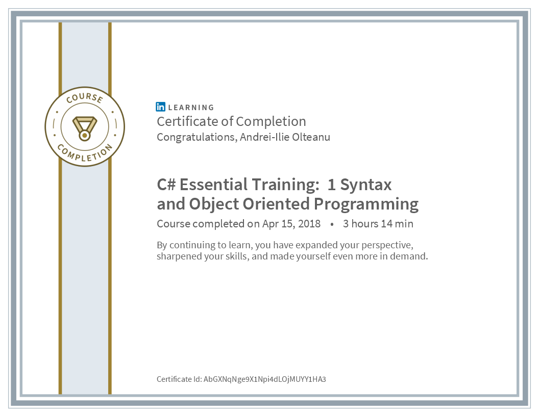 Certificate C Sharp Essential Training 1 Syntax And Object Oriented Programming image