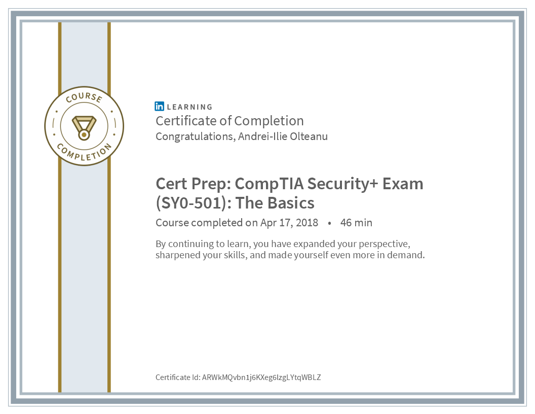 Certificate Cert Prep Comptia Security Plus Exam Sy 0501 The Basics image