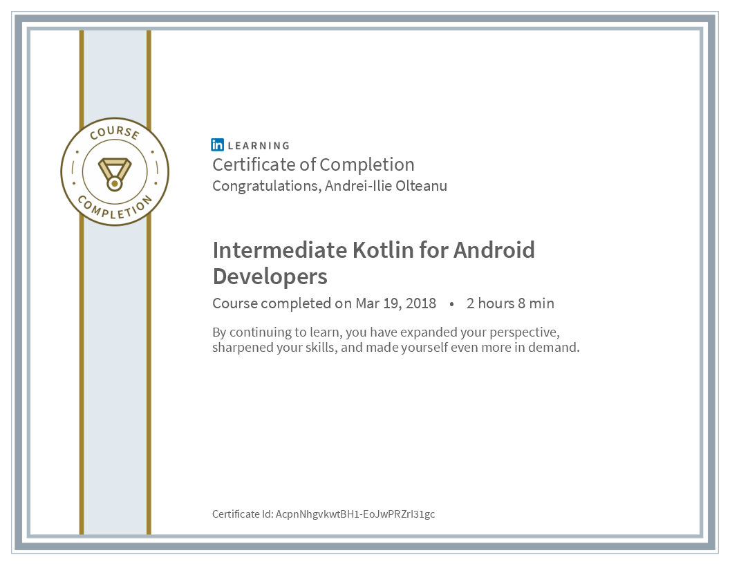 Certificate Intermediate Kotlin For Android Developers image