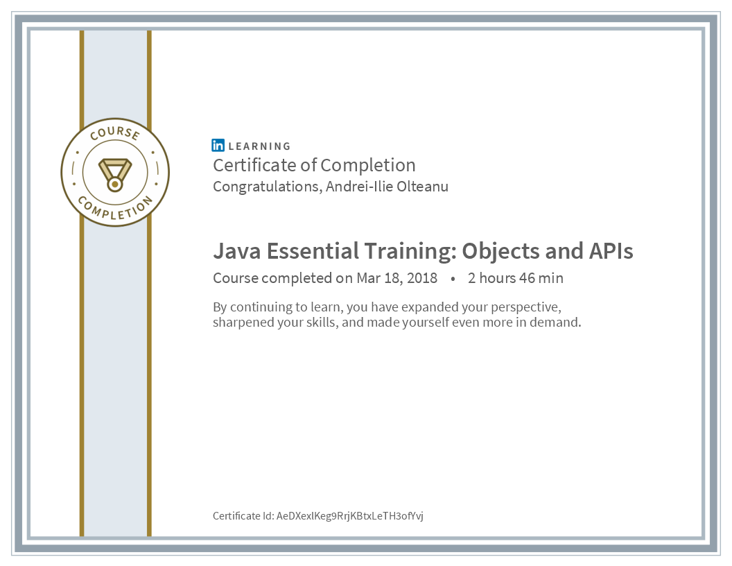 Certificate Java Essential Training Objects And Apis image