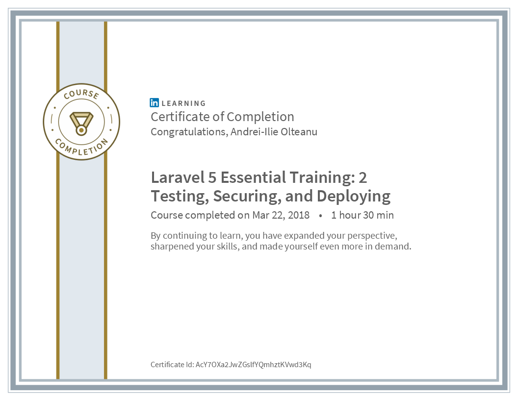 Certificate Laravel 5 Essential Training 2 Testing Securing And Deploying image