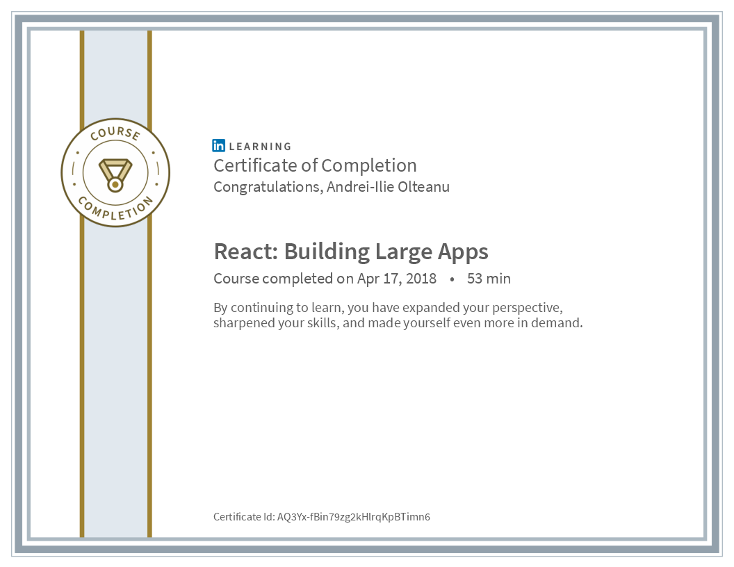 Certificate React Building Large Apps image