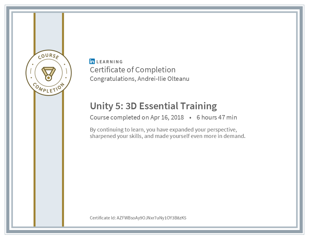 Certificate Unity 5 3d Essential Training image